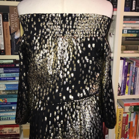 Shoshanna Midnight Collection Black Gold Off Shoulder Maxi Dress - Picture 6 of 11